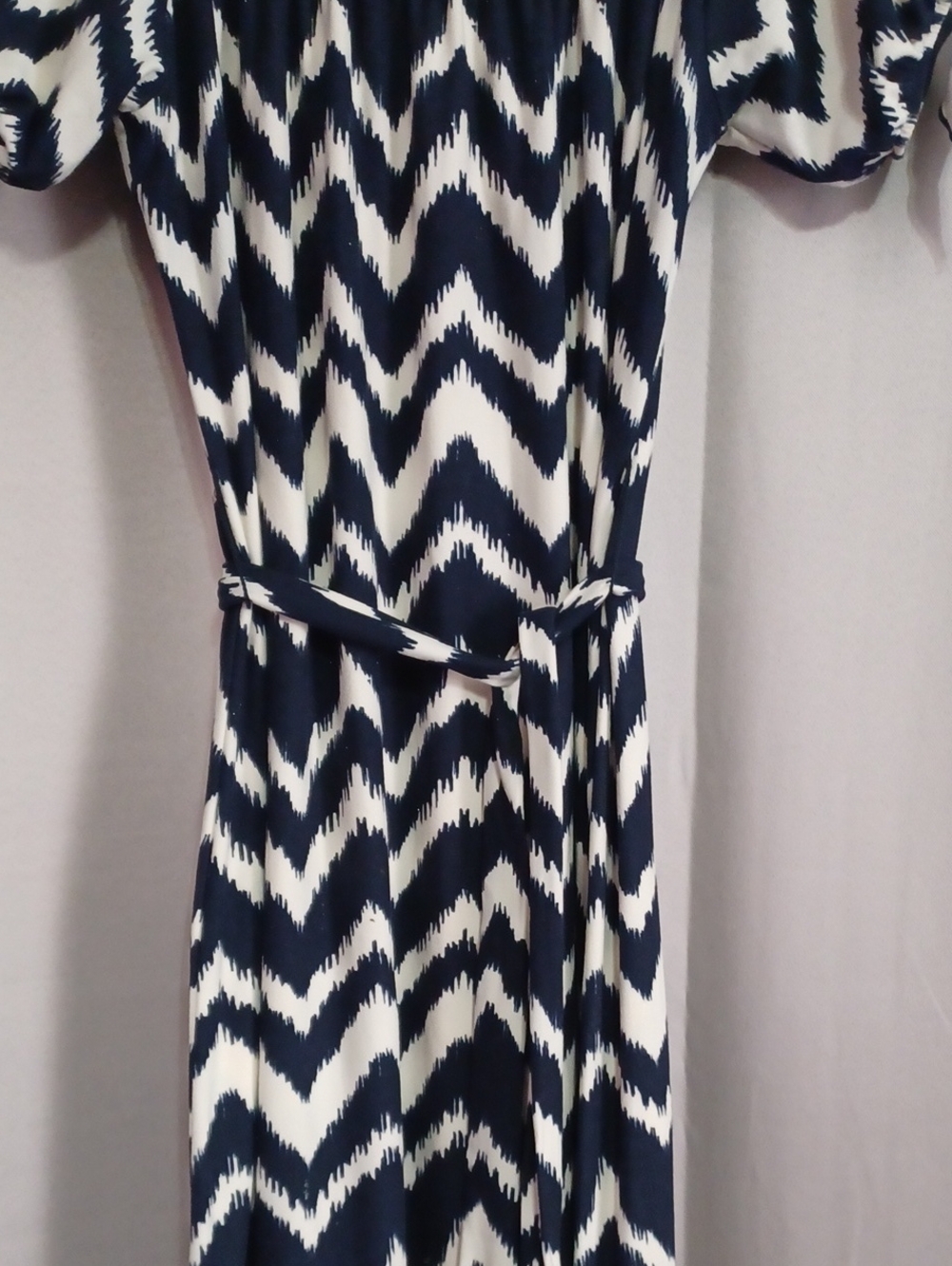 Allison Brittney Chevron Maxi Dress Elastic Off Shoulder Neck Tie Waist Stretch - Picture 6 of 14